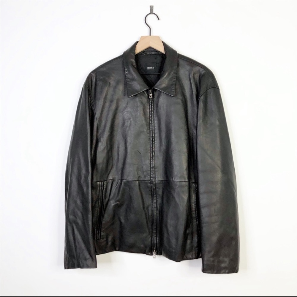 Hugo Boss Black Lambskin Leather Zip Up Jacket 44R